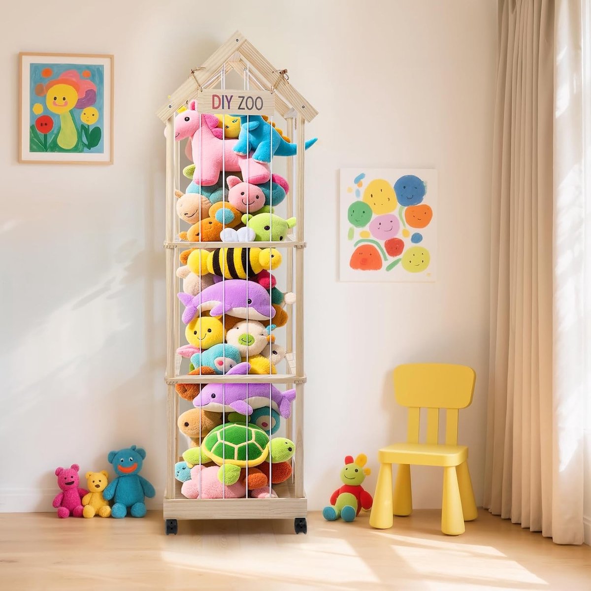 Opbergrek voor Pluche Dieren 146 x 47 x 35 cm met Wieltjes en 360° Vergrendeling voor Kinderkamer en Speelkamer