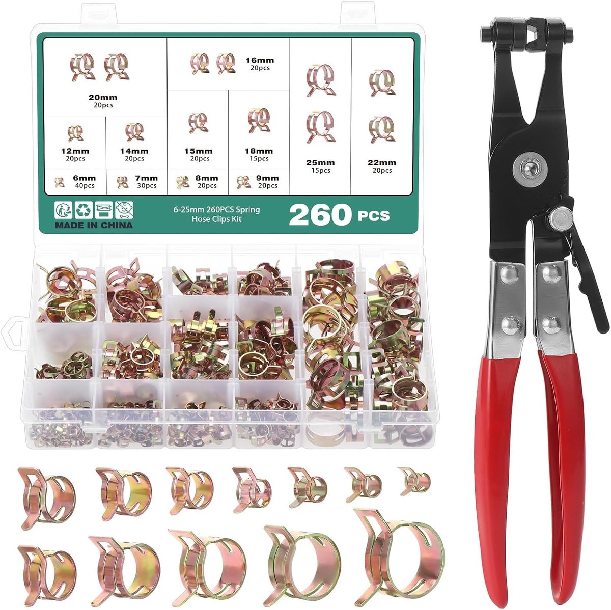 Complete Set van 260 Brandstofslang Klemmen en Slangenklemmen, 12 Maten van 6-25mm, Inclusief Slangenklem Pliers voor Water- en Luchtbuizen