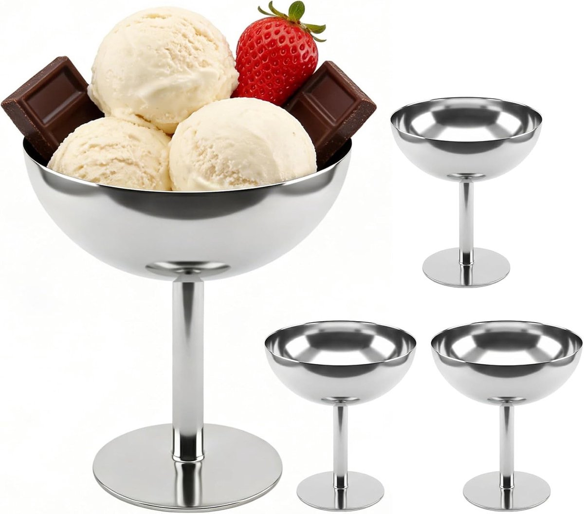 Set van 4 RVS IJsroombekers (Diameter 10 cm/190 ml) voor Desserts, Cocktails, Fruitsalades en Yoghurts, Perfect voor Bruiloften en Feestjes