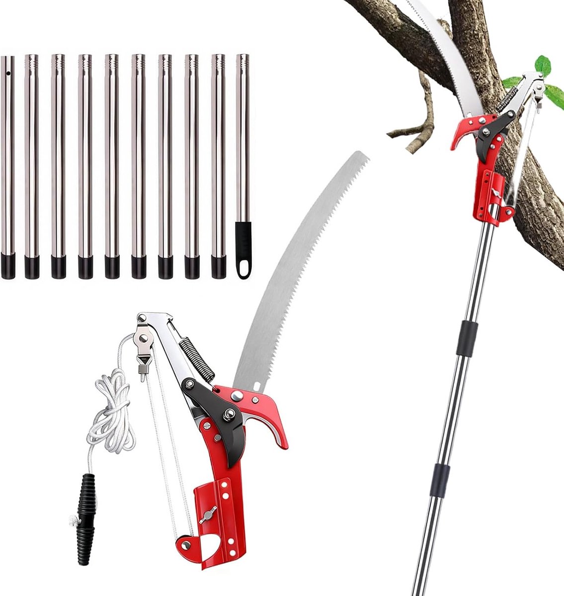 Telescopische takkenzaag 2-in-1 takkenschaar met 4,15 m uittrekbare stang, ideaal voor het snoeien van bomen, takken en tuinonderhoud met stalen lemmet en nylon kabel