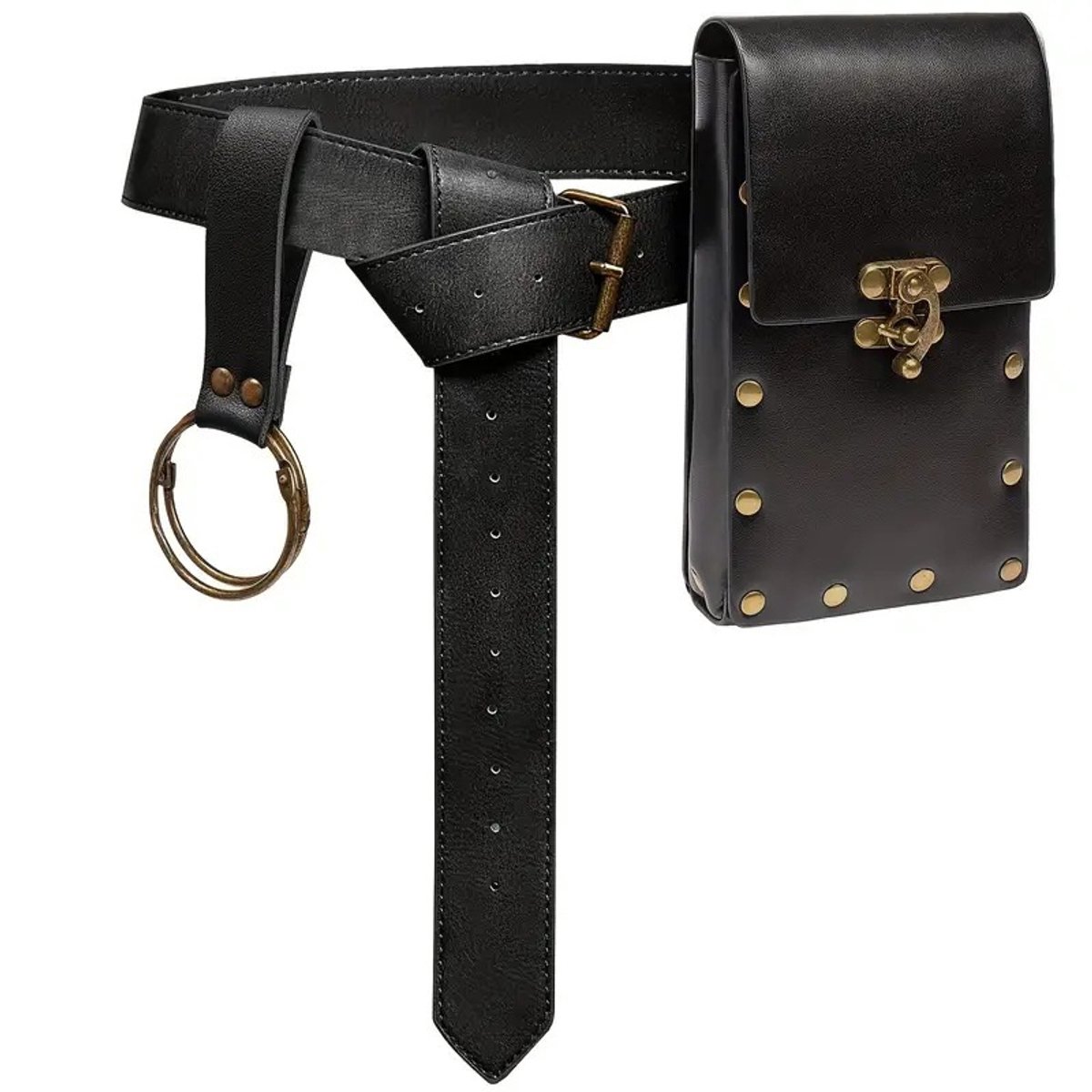 Middeleeuwse leren riem met riemtas set voor dames, renaissance kostuumriem met piratentas - waterdichte PU heuptas voor cosplay, halloween en rollenspel, Zwart