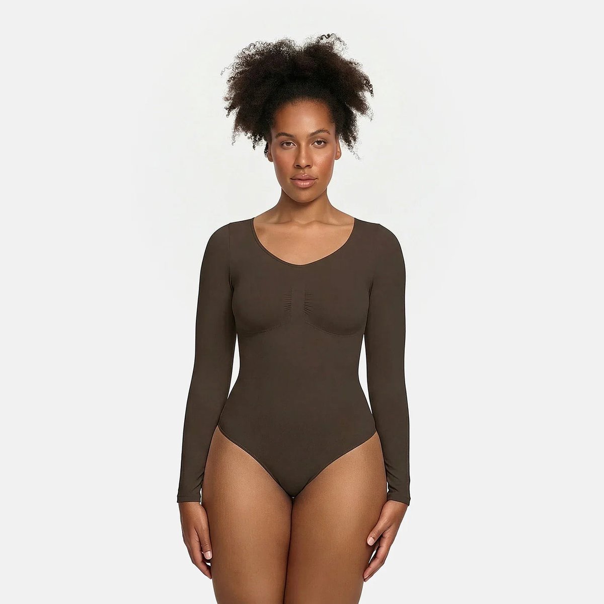 cfab - Bodysuit met corrigerende werking, lange mouwen en strik, bruin, XS