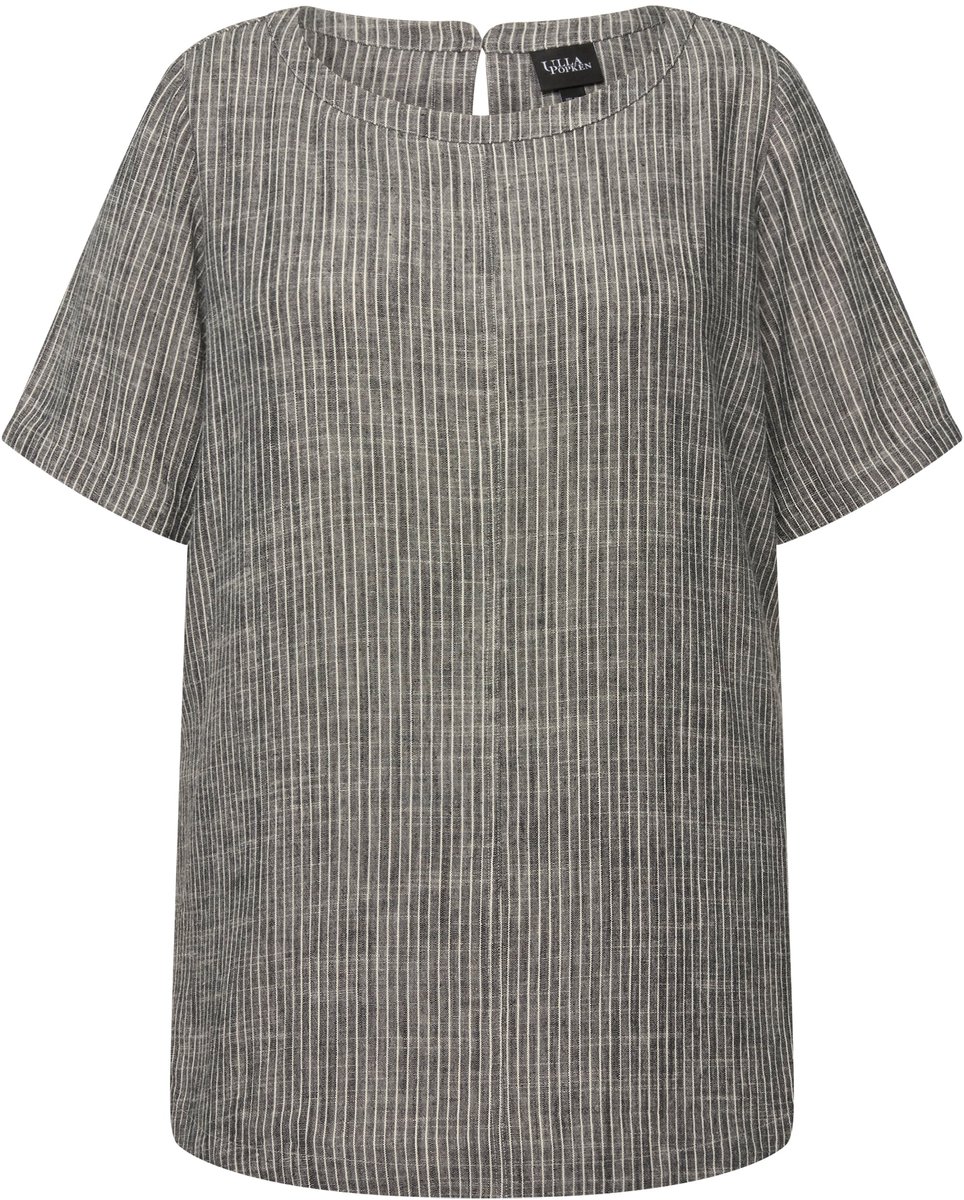 Ulla Popken - Dames - Blouse linnenmix strepen ronde hals halve mouwen - Asfaltgrijs - Maat 58+