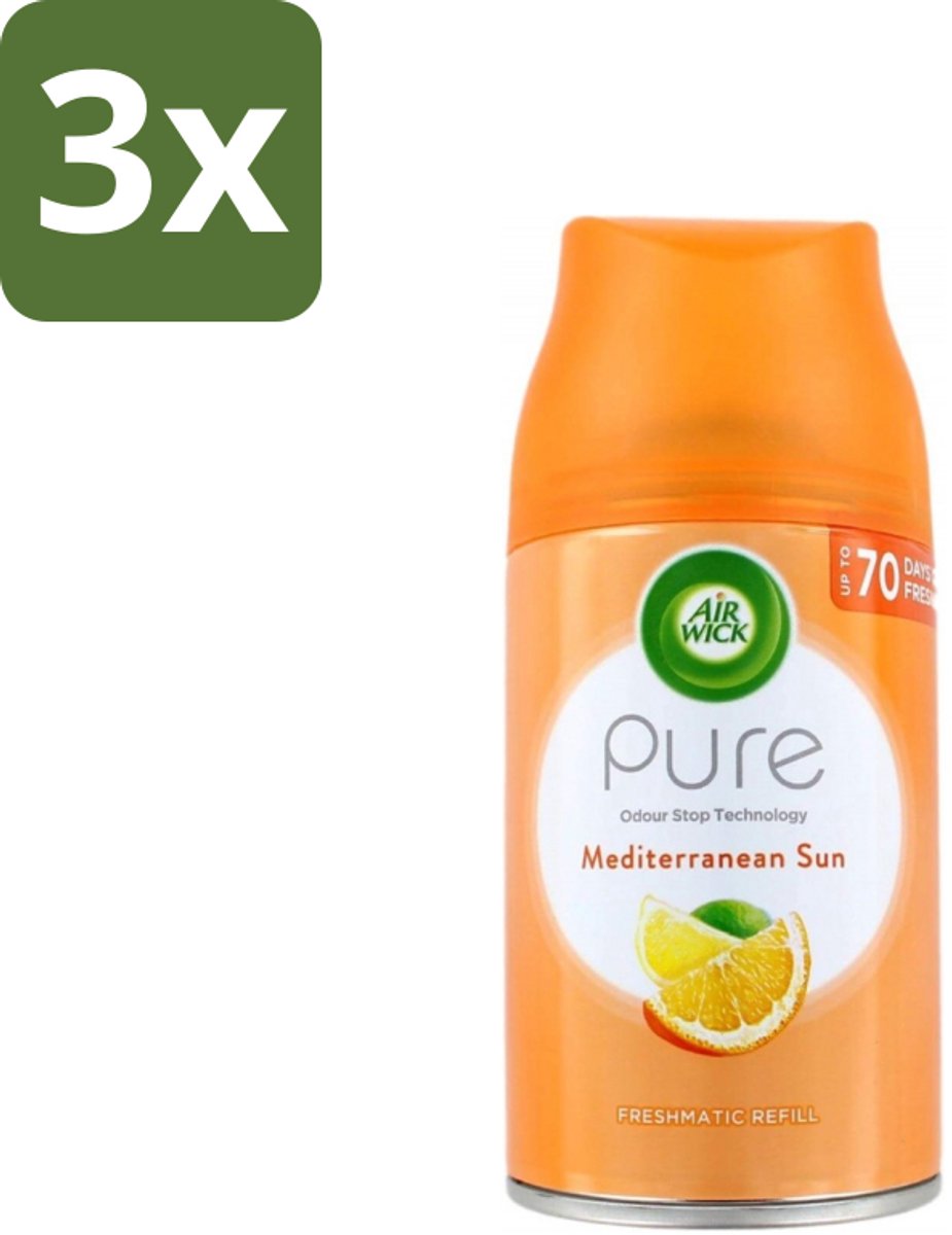 3 x Air Wick - Luchtverfrisser Navulling - Mediterrane Zon - Automatische Spray - 250 ml - Luchtverfrisser - Geur - Automatische Spray - Navulling - Zon