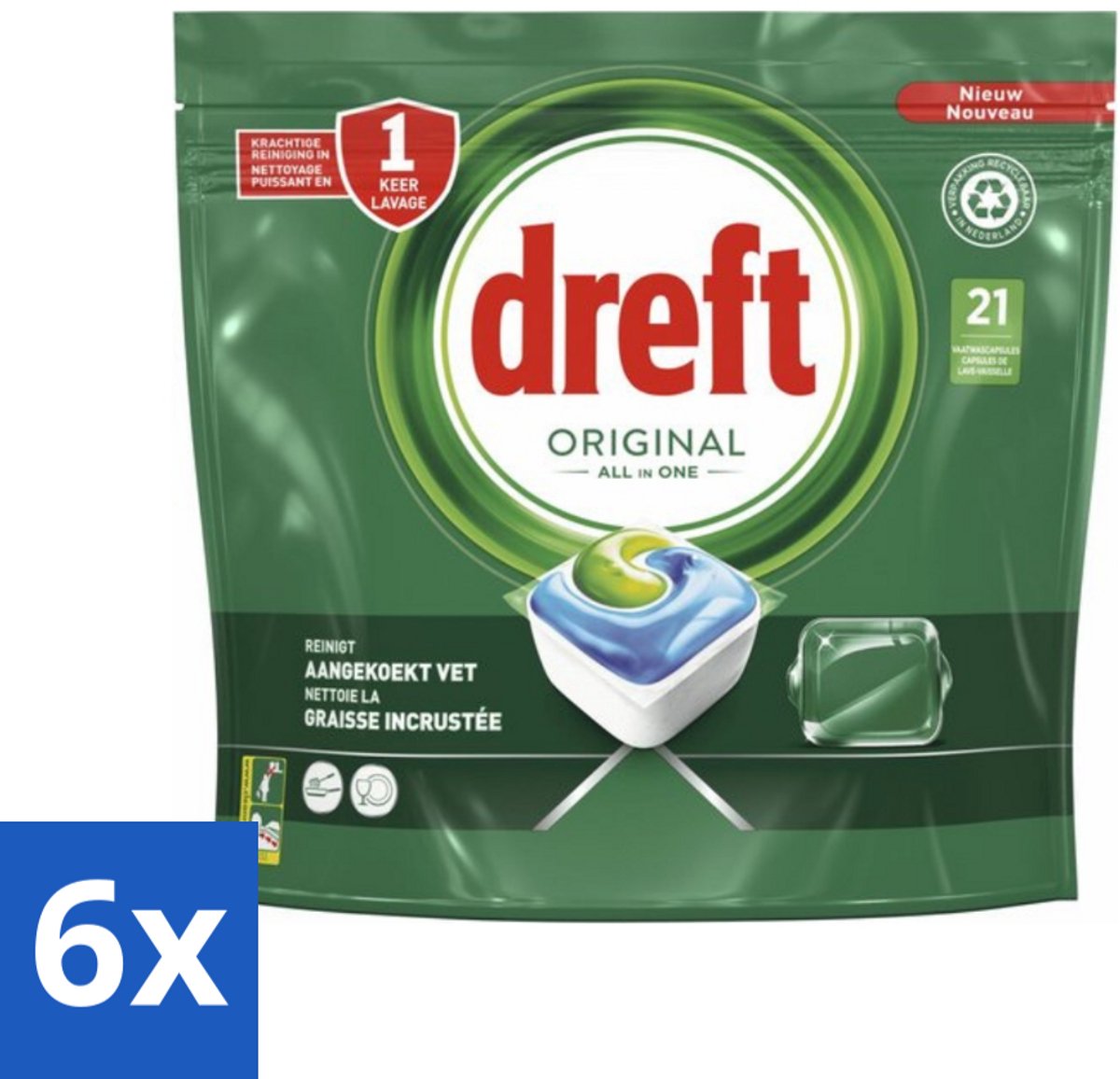 6 x Dreft - Original All In One - Vaatwascapsules - Tegen Aangekoekt Vet - 21 Capsules - Vaatwasser - Vaatwascapsule - Reiniging - Vetoplossing - Vaat Reinigen