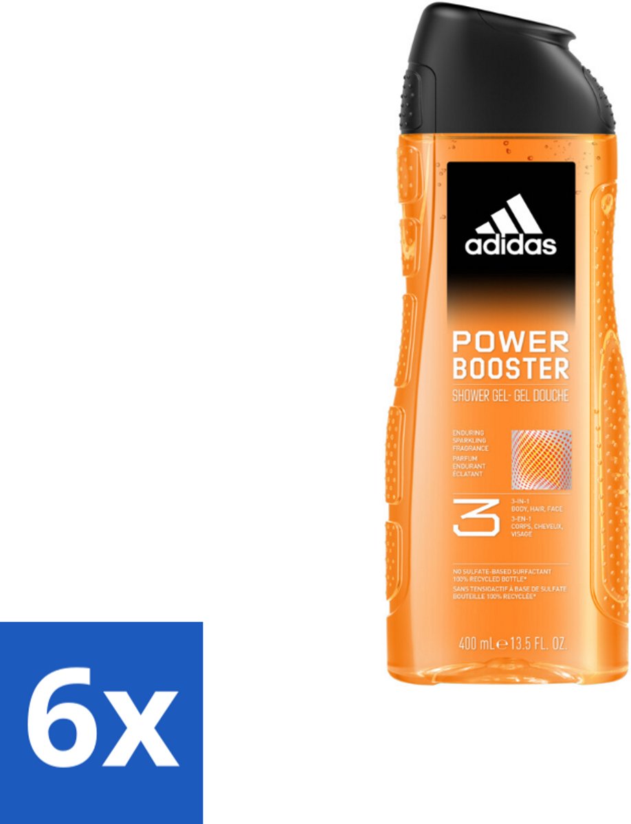 6 x Adidas Shower Gel Power Booster 250 ml - Douchegel - 3-in-1 - Lichaam - Gezicht - Haar