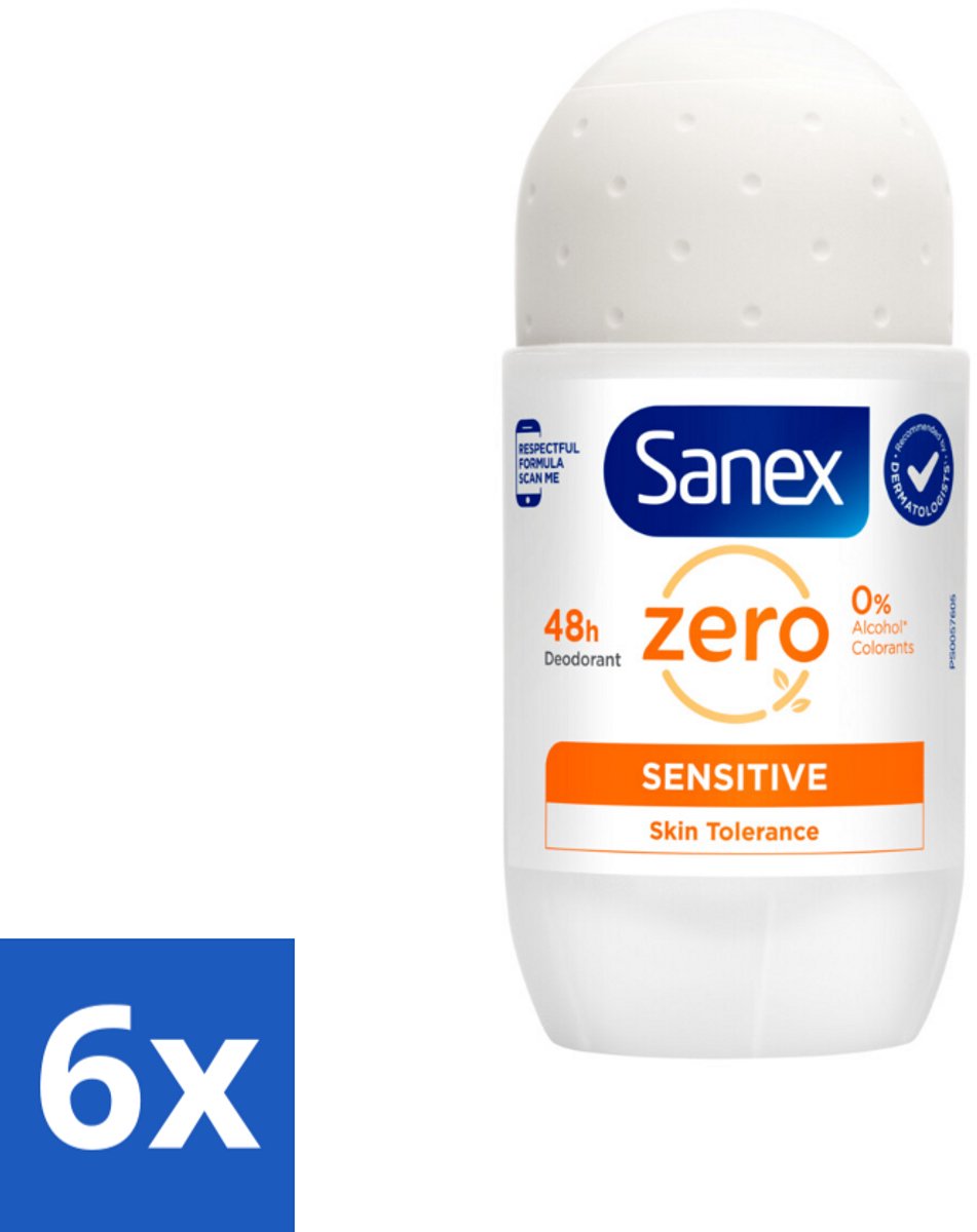 6 x Sanex Deodorant Roller Zero% Sensitive Skin 50 ml - Sanex Deodorant Zero% Sensitive - Alcoholvrije Deodorant - Parabenenvrije Deodorant - Gevoelige Huid - Milde Deodorant
