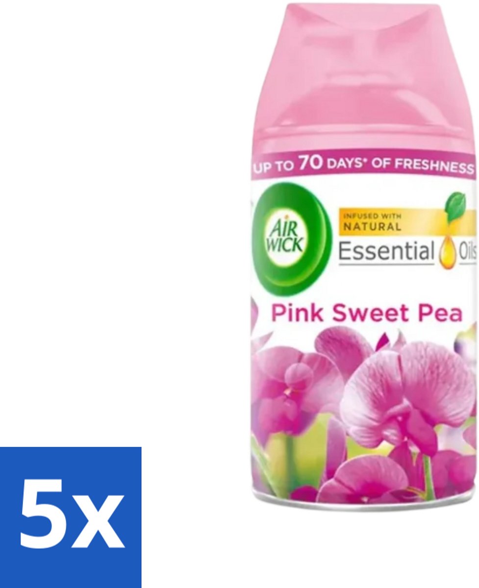 5 x Air Wick - Luchtverfrisser Navulling - Essentiële Oliën - Pink Sweet Pea - Automatische Spray - 250 ml - Luchtverfrisser - Navulling - Essentiële Oliën - Geur - Pink Sweet Pea