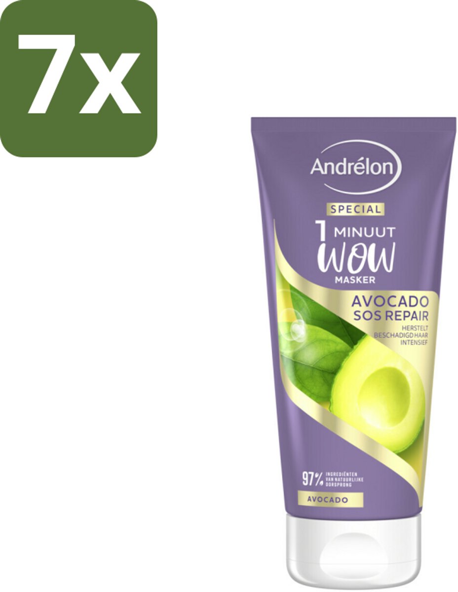 7 x Andrélon 1 Minuut Wow Masker Avocado SOS Repair 180 ml - 1 Minuut Herstel - Beschadigd Haar Herstel - Avocado Masker - Haarmasker - Haar Herstel