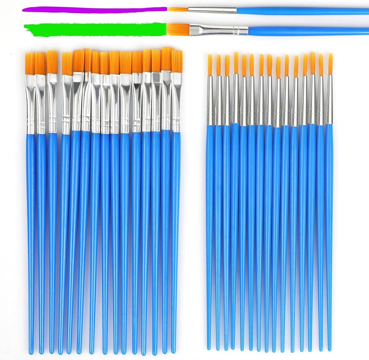 Set van 30 Verfkwasten - 15 Platte en 15 Ronde Nylon Haar Kwasten voor Acryl, Olie en Waterverf, Perfect voor Kinderen en Kunstprojecten