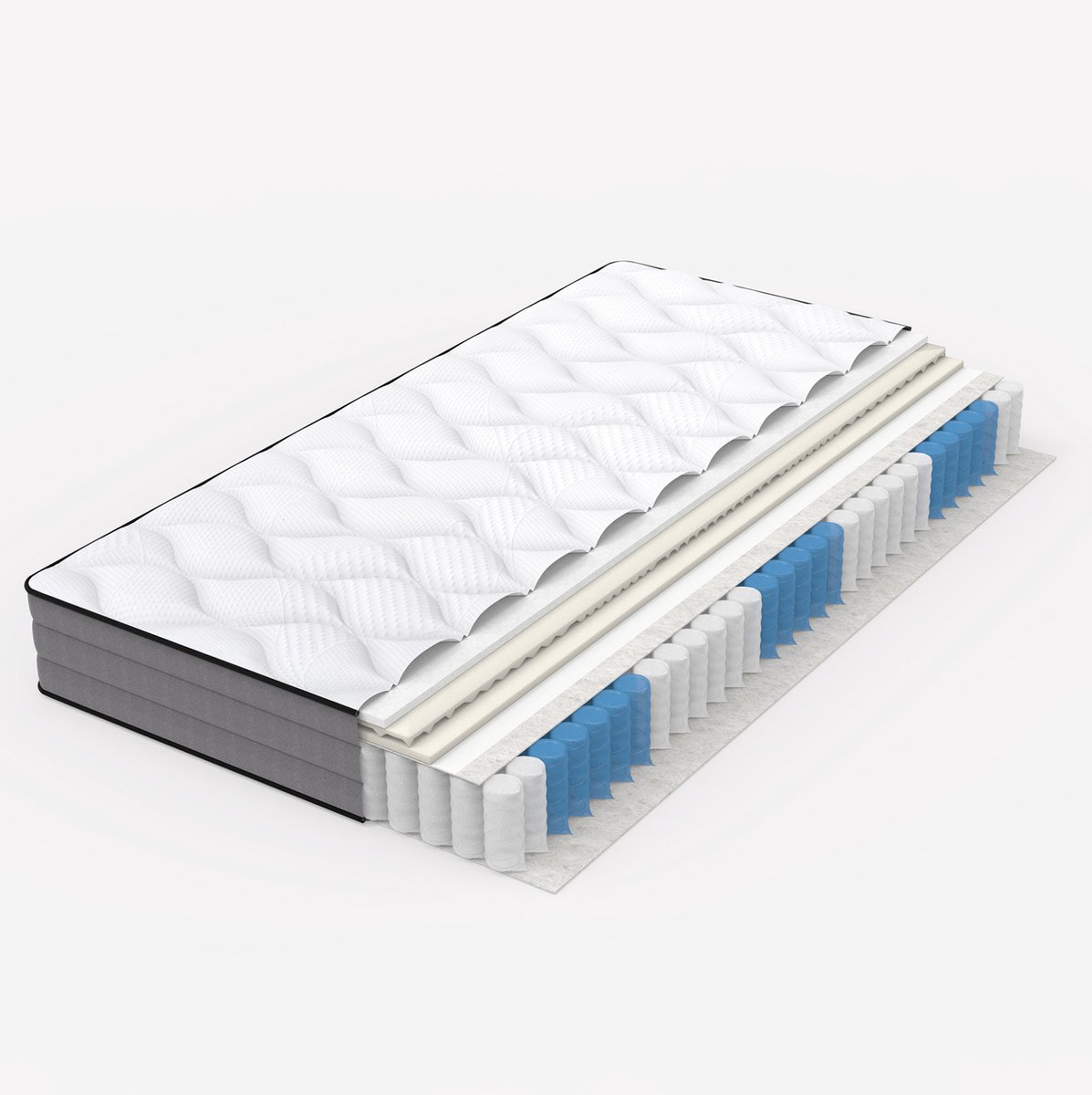 Wishdor Pocketveringmatras - 7 zones, 1000 veren, memory foam - Stevig ligcomfort - Anti-allergie - Slaapkamer volwassenen - Lyocell hoes - Wit grijs - 90 x 200 x 20 cm