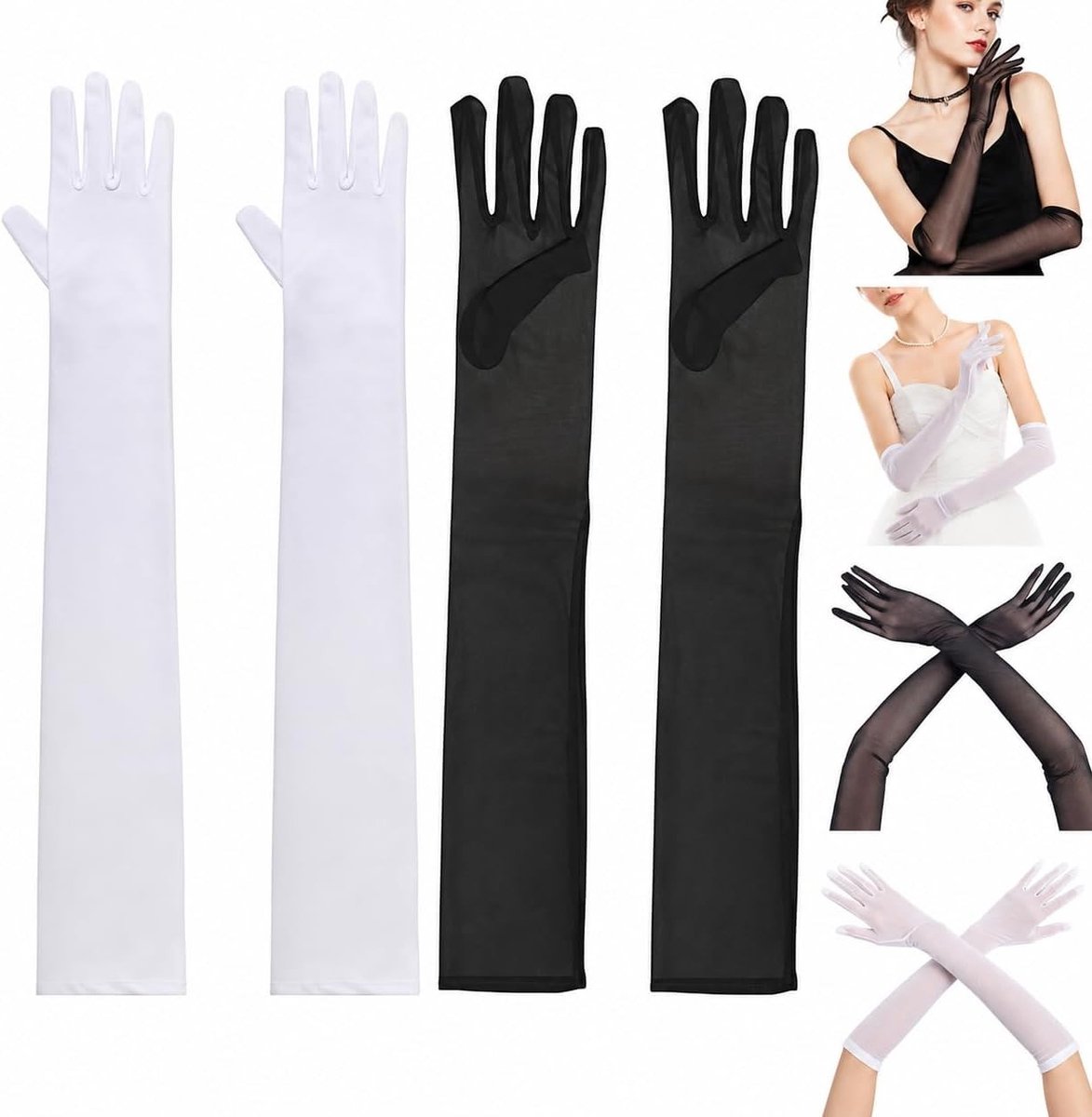 Elegante Lange Handschoenen voor Dames - 2 Paar Mesh Armwarmers - Zwart en Wit - Sexy Kostuumaccessoire voor Bruiloft, Feest, Gala of Halloween - Rekbaar en Comfortabel - Perfecte Accessoire voor Speciale Gelegenheden