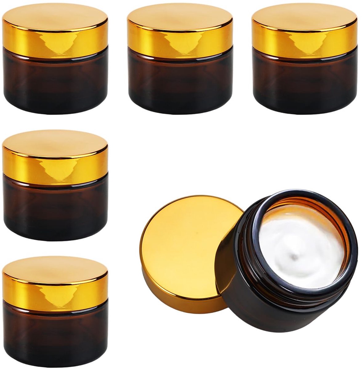 Elzusha - Set van 6 Lege Cosmetische Potjes - Amber Glazen Jars voor Crèmes en Lotions
