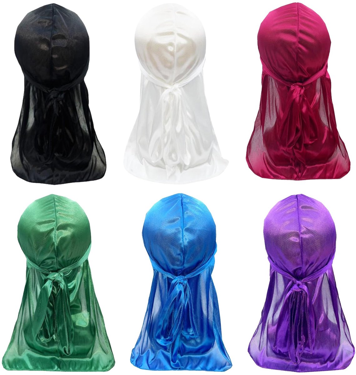 Solidchoice - Pack van 6 Zijden Durags voor Mannen en Vrouwen - Sportieve Bandana's met Lange Staarten