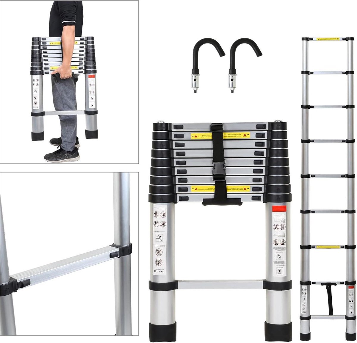Telescopische ladder - Uitschuifbare ladder - Klus klaren - Met afneembare haken - 26 meter - Zilver
