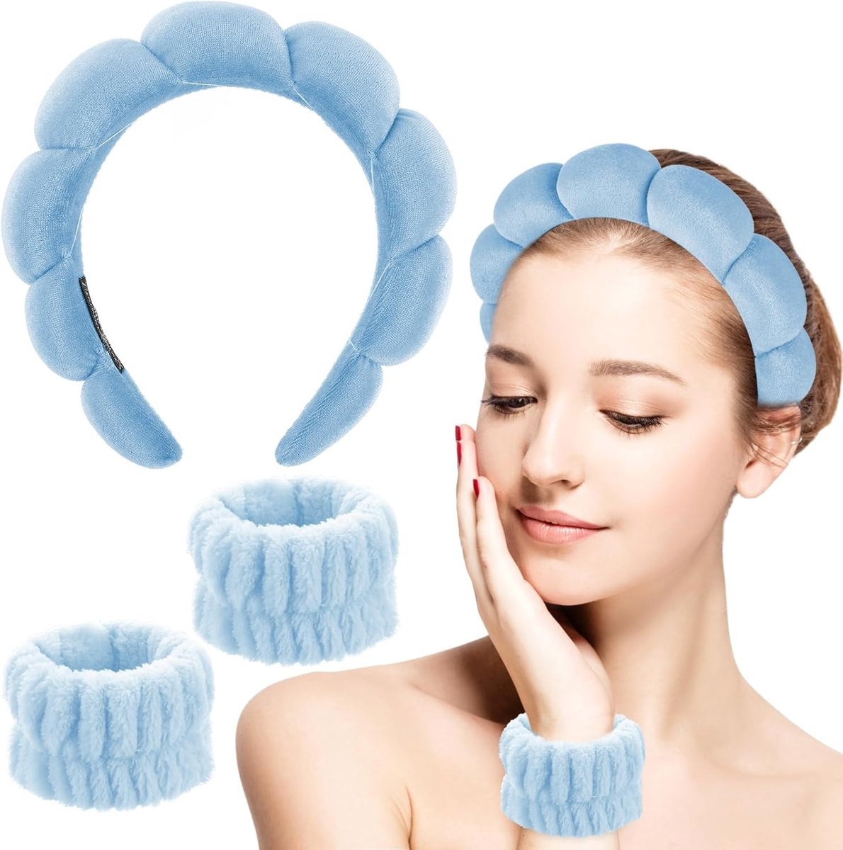 Zachte Make-up Haarbanden Set voor Vrouwen - 3 Stuks, Ideaal voor Gezichtsreiniging, Yoga en Sport (Blauw)
