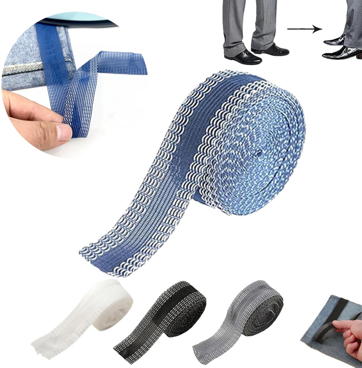 REDOM Broekspijpband 4 Stuks – 5 m x 2,5 cm – Zonder Naaien – Strijkbare Broekzoomband voor Kleding en Broekspijpen – Polyester en Viscose – Blauw, Zwart, Wit, Grijs