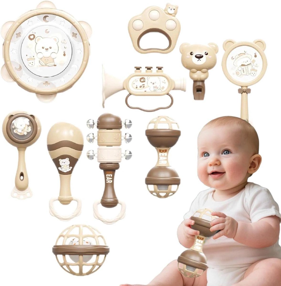 casalora - Sensorisch speelgoed voor baby's - Beige Beer Baby Rammelaarset 10 STUKS - 12-36 Maanden BPA-Vrije Bijtringen - Neutraal Kleur Baby Sensorische Rammelaar & Handgreep Training Bijtringen - Cadeautjes geschikt voor baby's