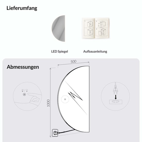 Afmetingen en inhoud van de verpakking: LED spiegel, opbouwhandleiding.