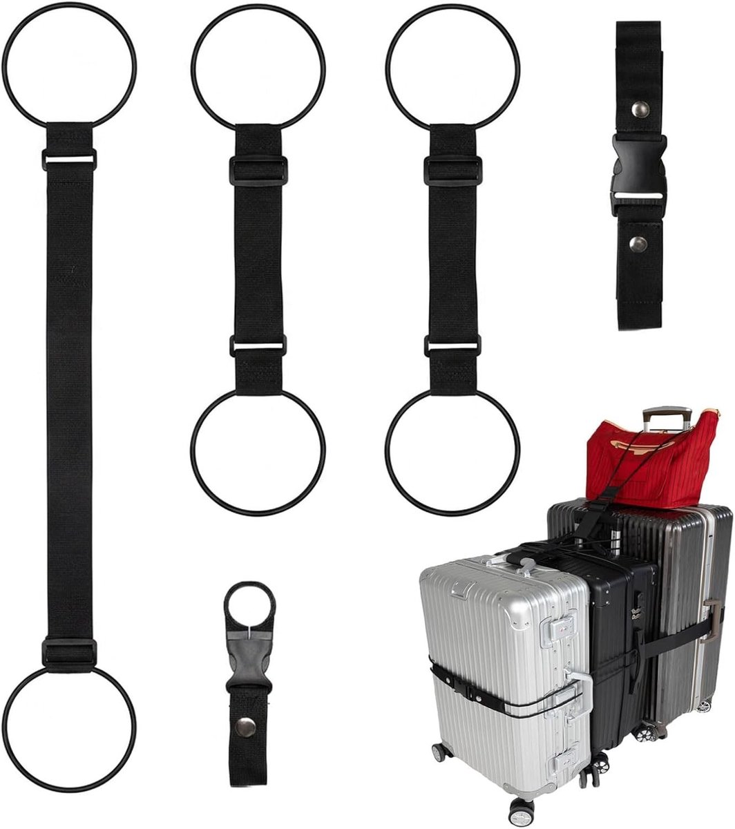 Verstelbare 5-in-1 bagagestraps set met flesclip en gesp, stevige elastische banden voor het veilig verbinden van meerdere koffers en tassen, ideaal voor reizen en vakantie.