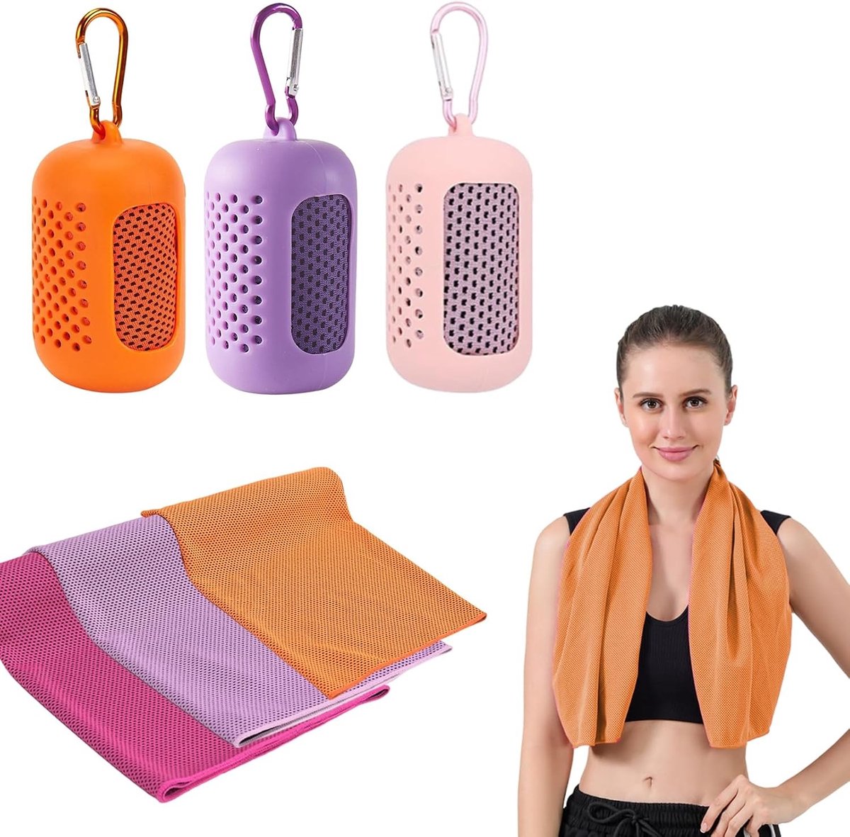 Koelhanddoeken Set van 3 - Sneldrogende Sporthanddoeken met Draagbare Silicone Covers voor Fitness en Buitenactiviteiten (30x90cm, 3 Kleuren)