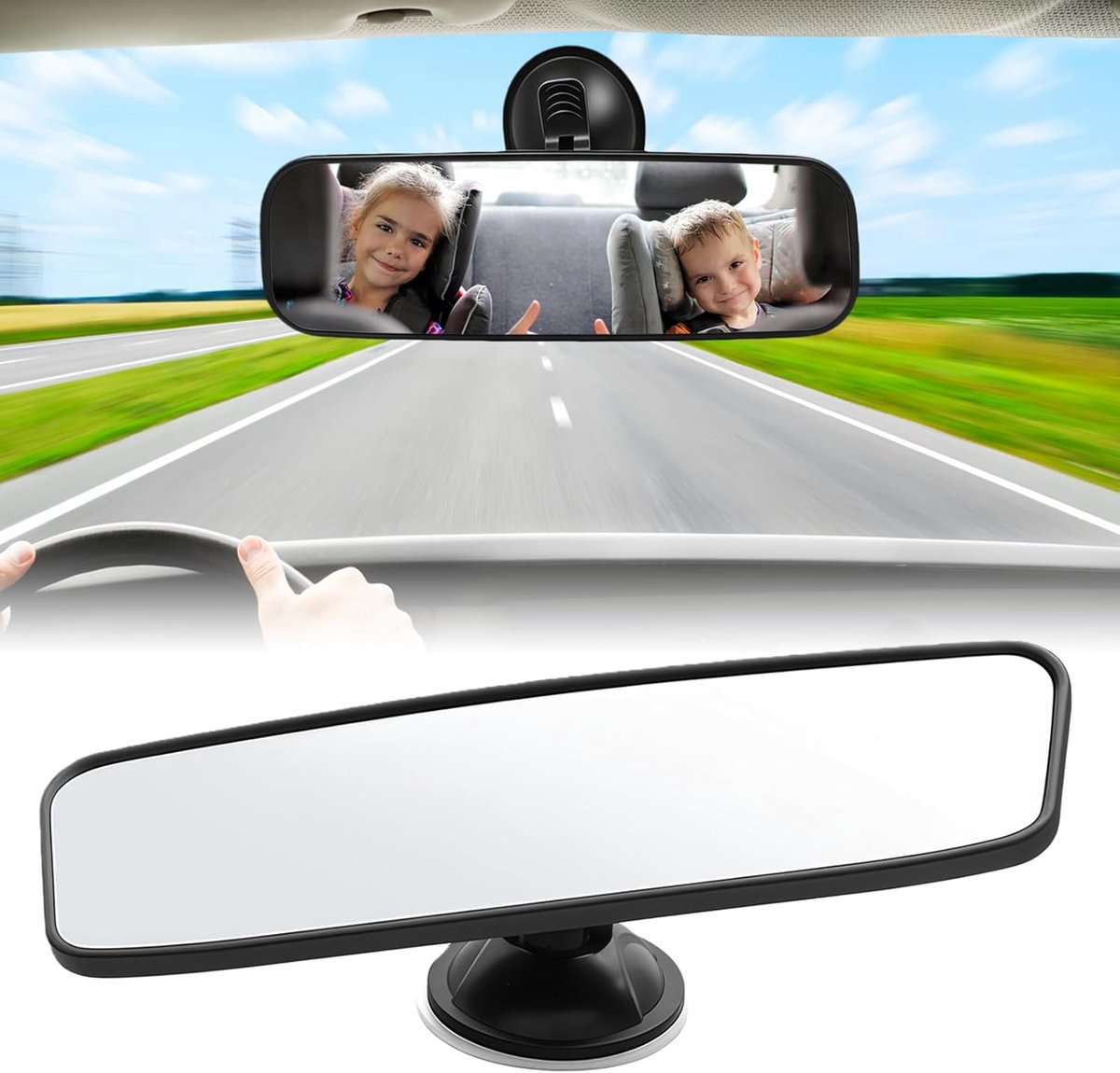Universele auto-binnenspiegel met zuignap, 200x60mm voertuig-instructeursspiegel, 360° draaibare achteruitkijkspiegel - ShopVlot