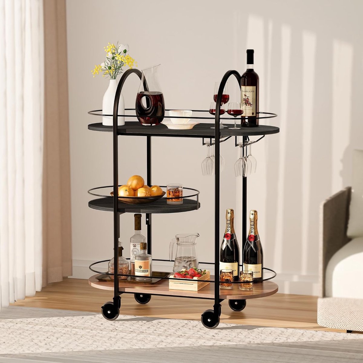 Elegante ovalen mobiele bartrolley met 3 niveaus in zwart - Perfect voor feesten en evenementen