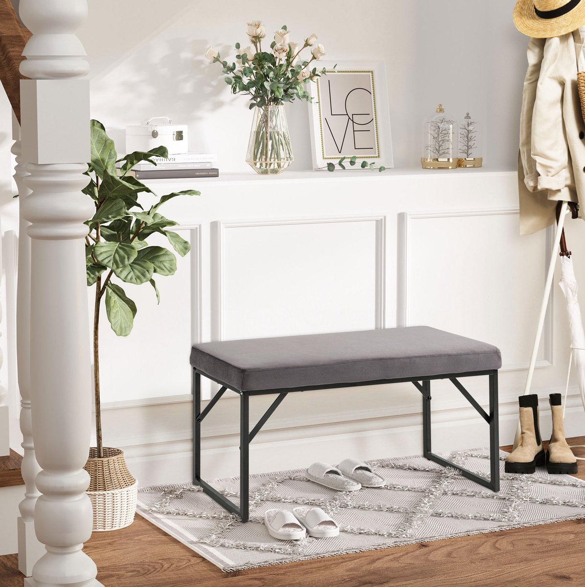 REDOM - Bank - Gewatteerde zitbank met rugloze vorm - Metalen frame en houten frame - Samtlook - Woonkamer slaapkamer hal - Polyester en fluweel - Donkergrijs - 100 x 35 x 47 cm
