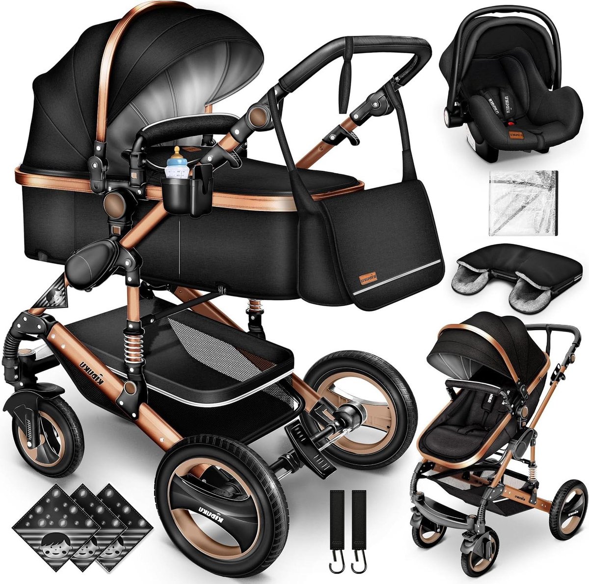 3-in-1 Kinderwagen - Combi buggy - Veilig op reis - Alles inclusief set - Tot 13 kg - Zwart Koper