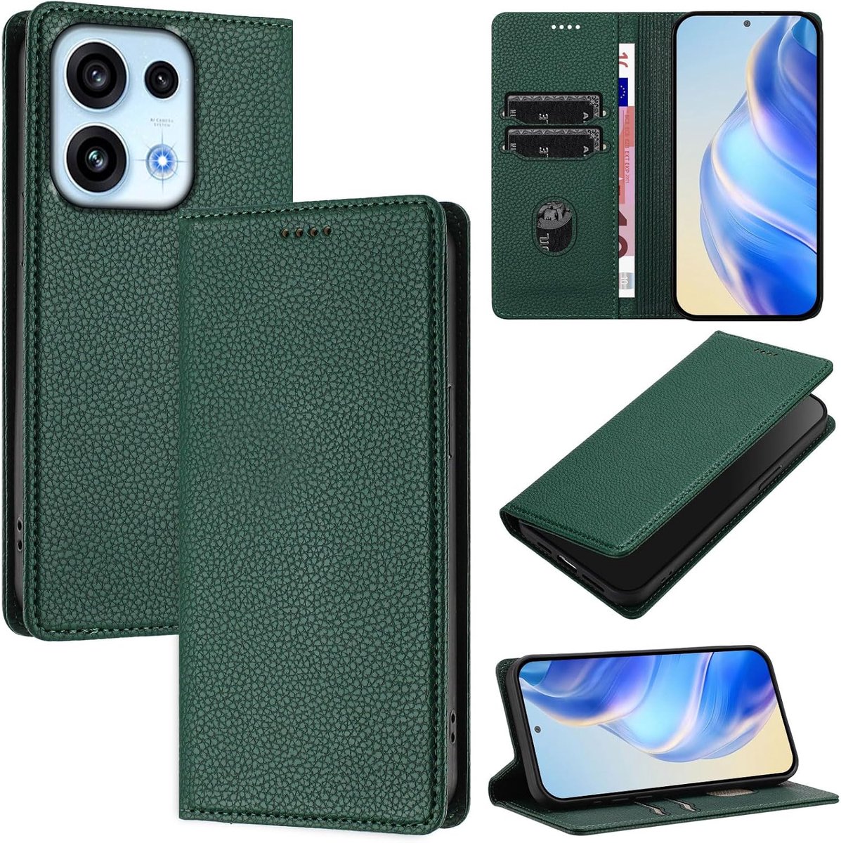 Zandarix Hoesje Geschikt voor Oppo Reno 16 Pro - Lederen portemonnee - Opvouwbare standaard - Magnetisch - Book Case Hoesje - Groen
