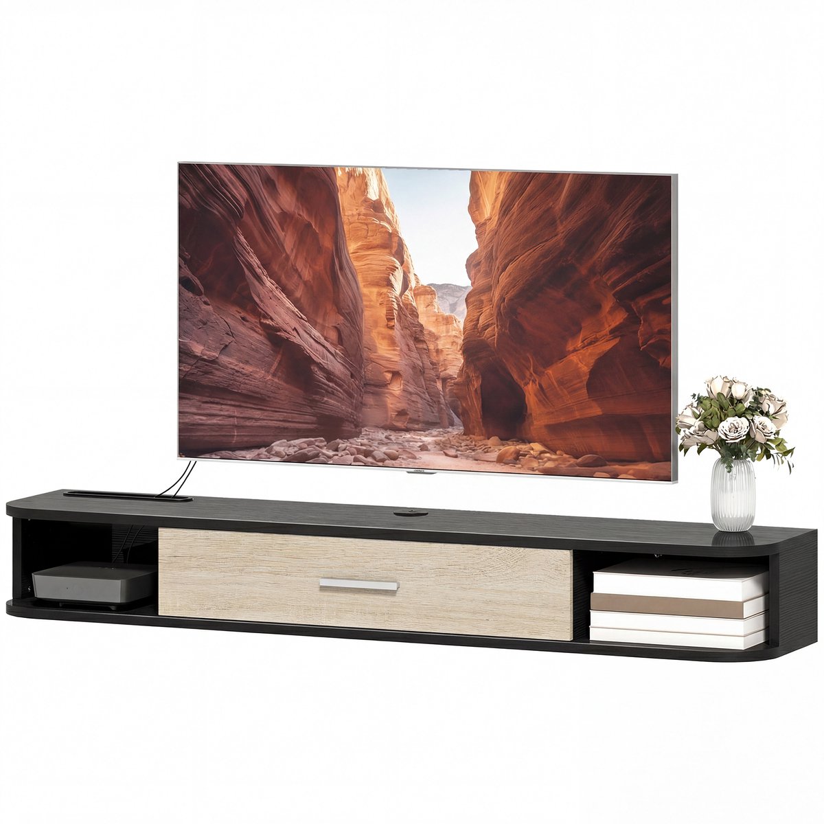 ECTEATOY® Zwevend TV-Meubel 120 cm - TV-Kast tot 50 Inch - Met Klepdeur, 2 Open Vakken en Kabelbeheer - Zwart