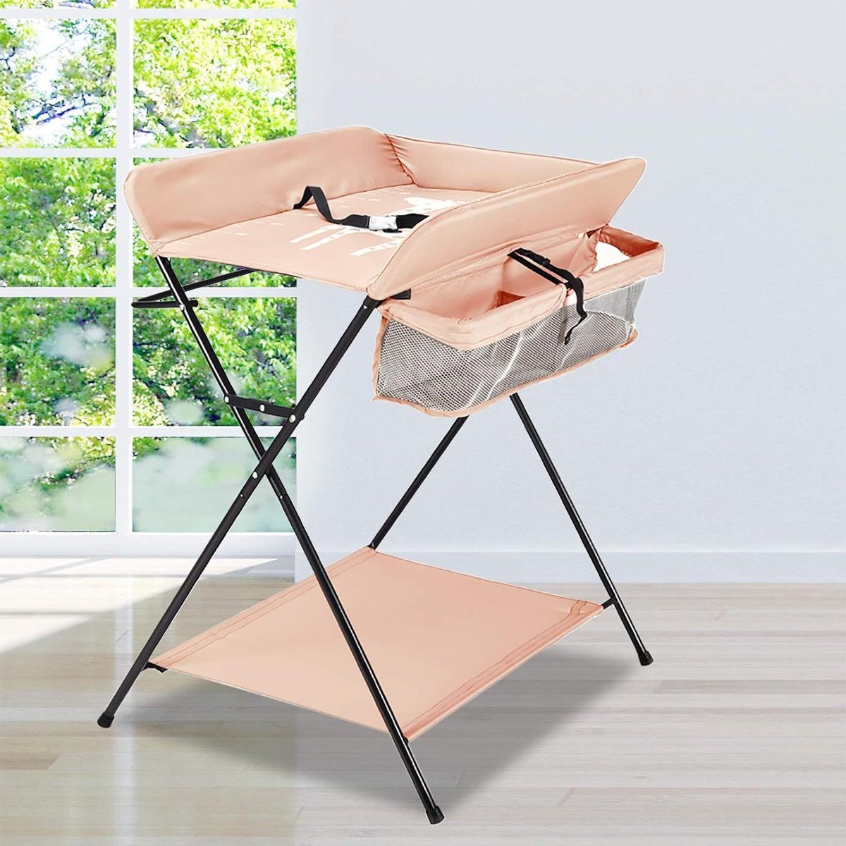Babycommode met wielen - Verzorgingstafel - Baby verzorgen - Inklapbaar en stabiel - 80 x 63 x 96 cm - Roze