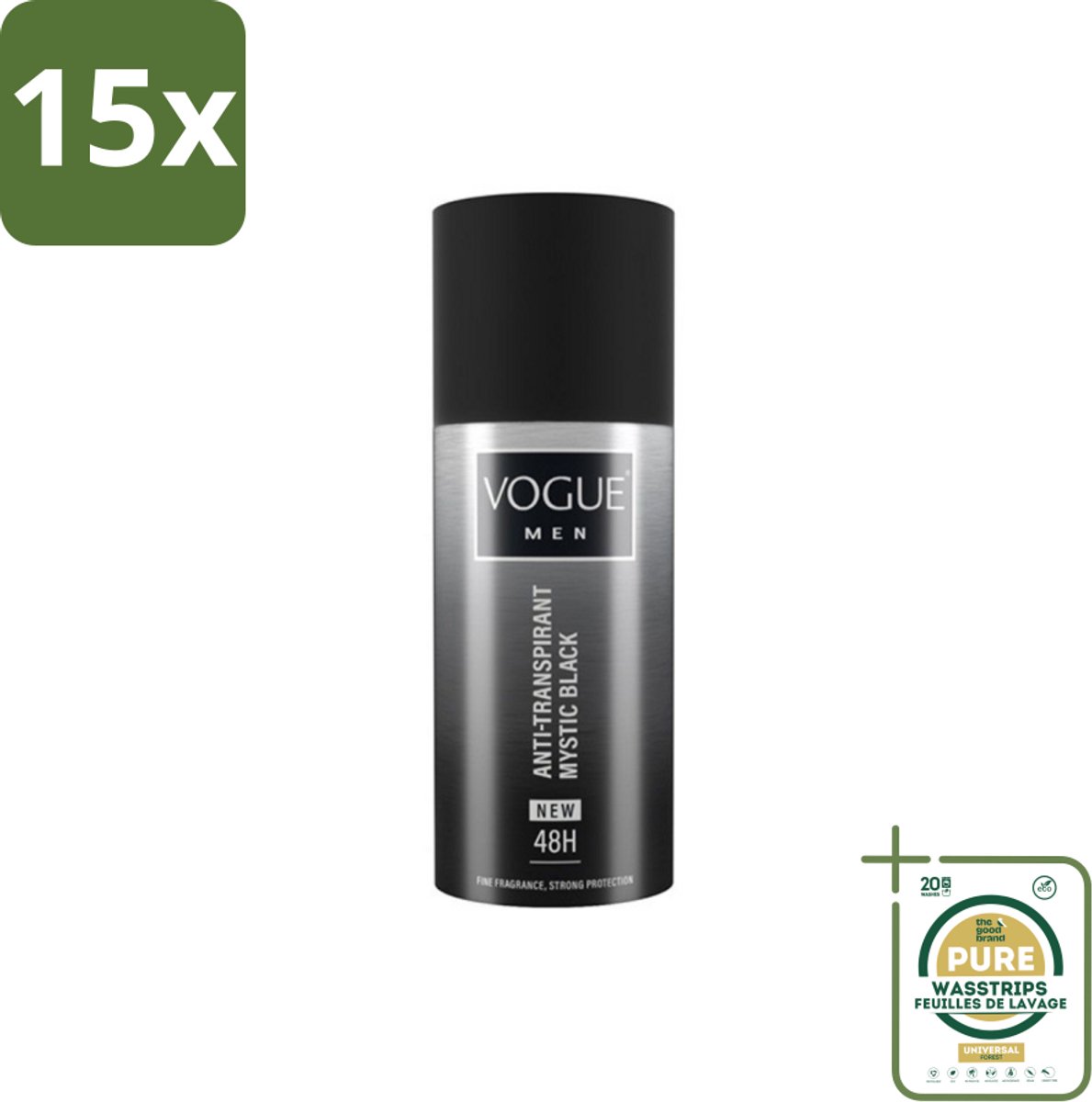 15 x Vogue Men - Mystic Black - Deodorant Spray - Anti-transpirant - 150 ml - Grootverpakking - Deodorant Spray - Anti-transpirant - Mannelijke Geur - Patchouli - Sandelhout