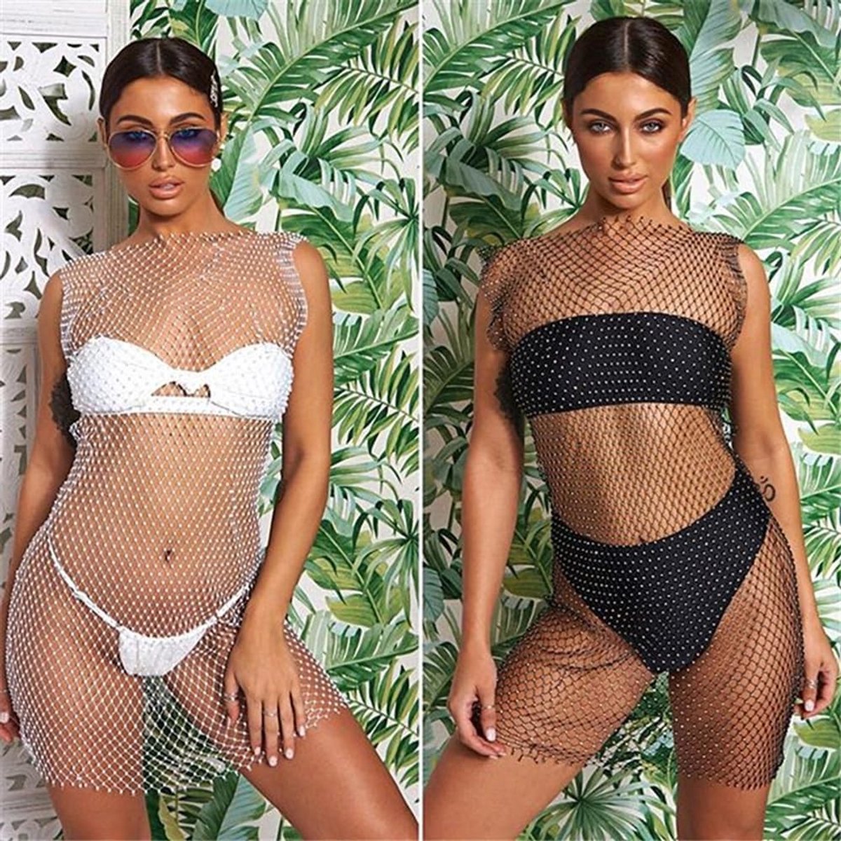 Verleidelijke Transparante Mesh Jurk met Strass Steentjes voor Strand en Feestjes - Mouwloos Glitter Midi Jurkje met Visnet Rok