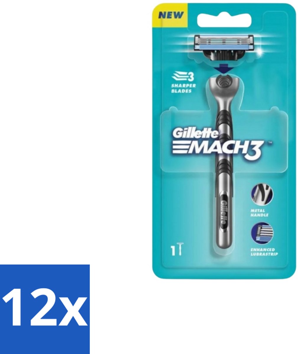 12 x Gillette - Mach3 – Houder + 1 Mesje – 3-bladig - Scheermes - Scheerbeurt - Mesje - Huidbescherming - Scheercomfort