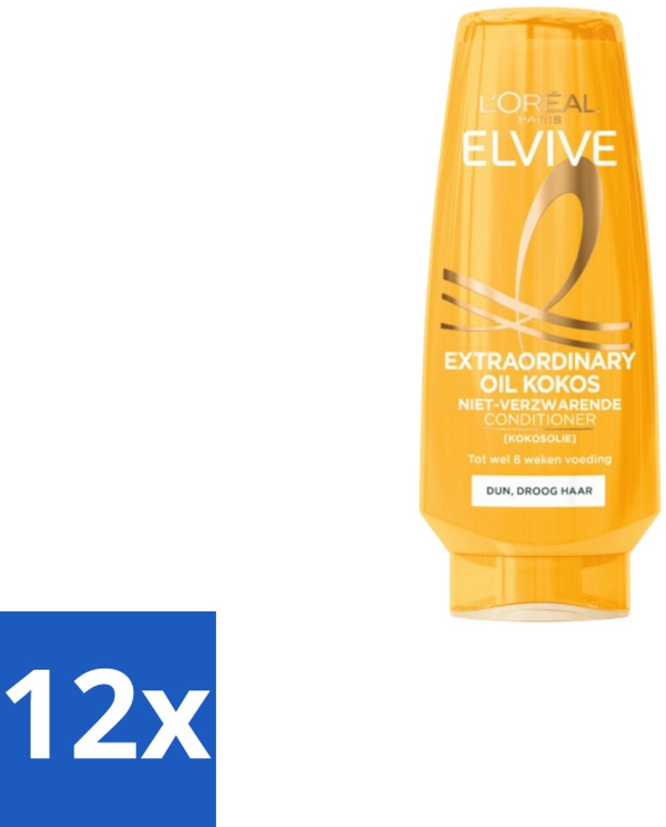 12 x L'Oréal Elvive Extraordinary Oil Conditioner Kokos 200 ml - Kokosolie Conditioner - Droog Haar - Haar Verzorging - Haar Voeding - Haar Zachtheid