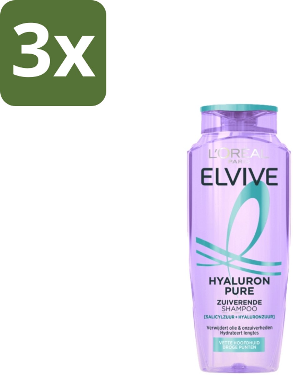 3 x L’Oréal Paris Elvive – Shampoo – Hyaluron Pure – Zuiverend – 250 ml - Shampoo Voor Vette Hoofdhuid - Zuiverende Shampoo - Hyaluronzuur Shampoo - Salicylzuur Shampoo - Droge Punten