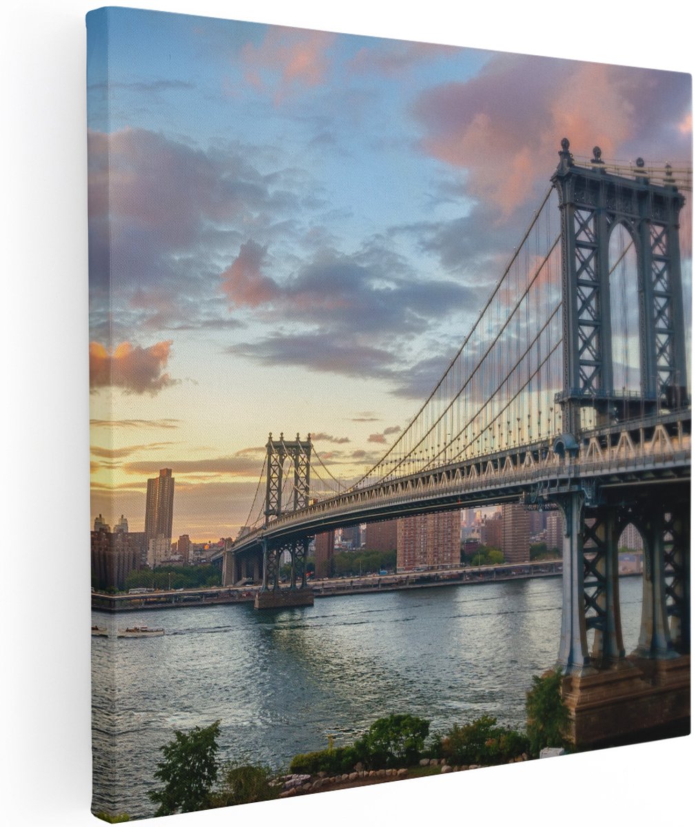 Artaza Canvas Schilderij Manhattan Bridge Brug In New York - 100x100 cm - Groot - Wanddecoratie Woonkamer - Schilderijen - Muurdecoratie