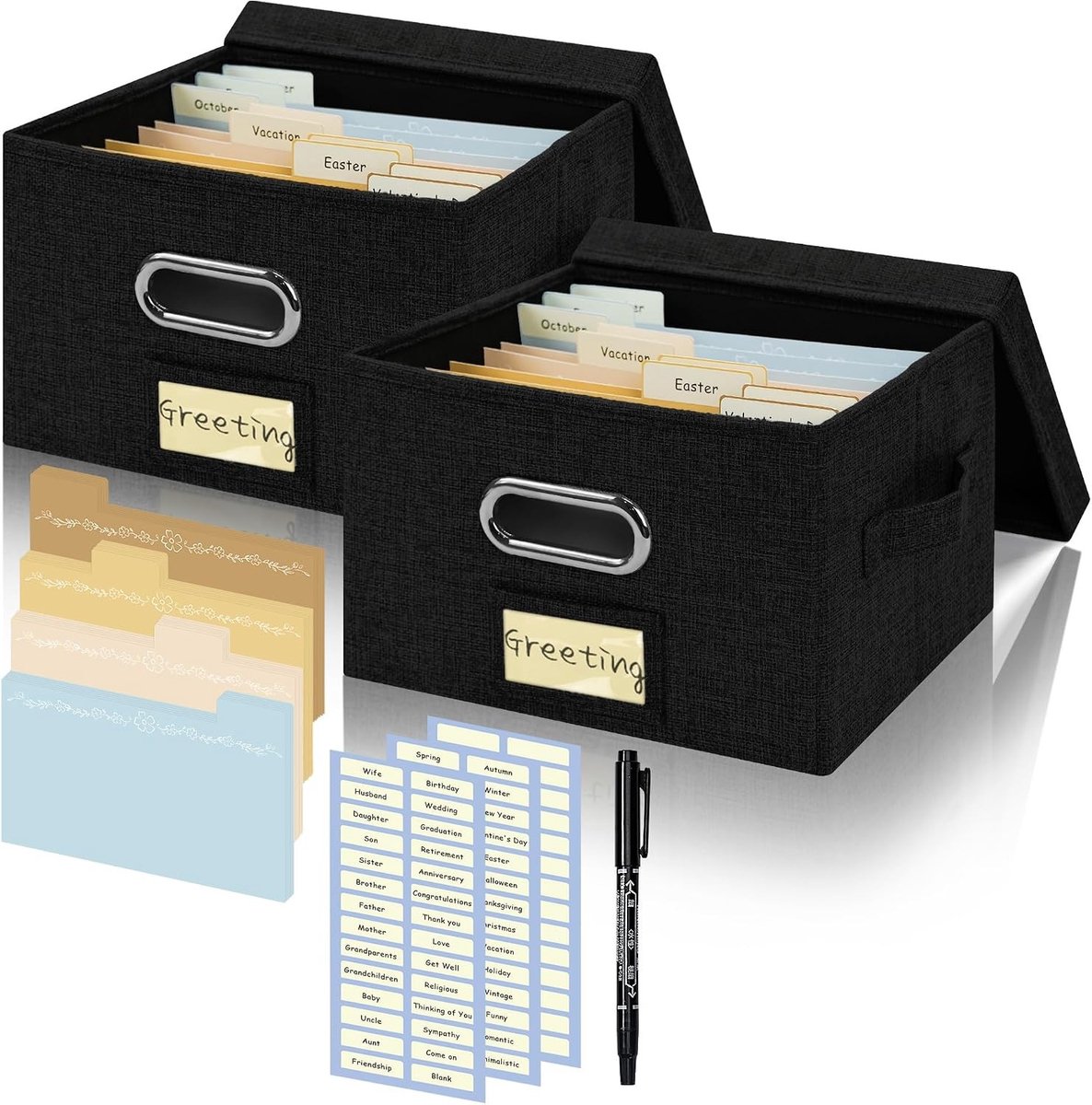 Organizer en Opbergdoos voor Wenskaarten met 20 Verstelbare Scheiders, 84 Labels, Ideaal voor Wenskaarten, Enveloppen en Foto's, 2 Stuks Zwart
