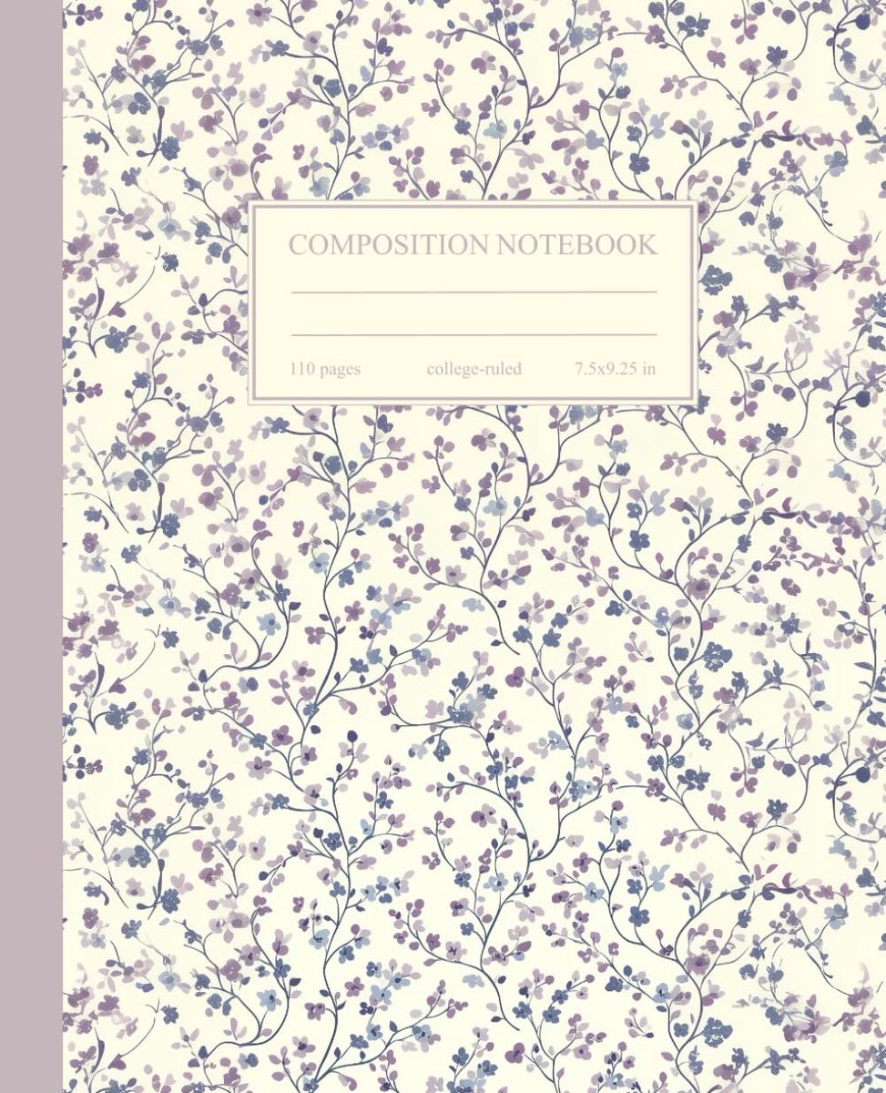 Composition Notebook College Ruled: Vintage Lilac & Blue Flowers Botanical Illustration - ShopVlot