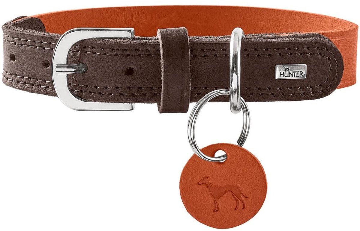 Elzusha - Hondenhalsband - Leer - Oranje/donkerbruin - Maat 45