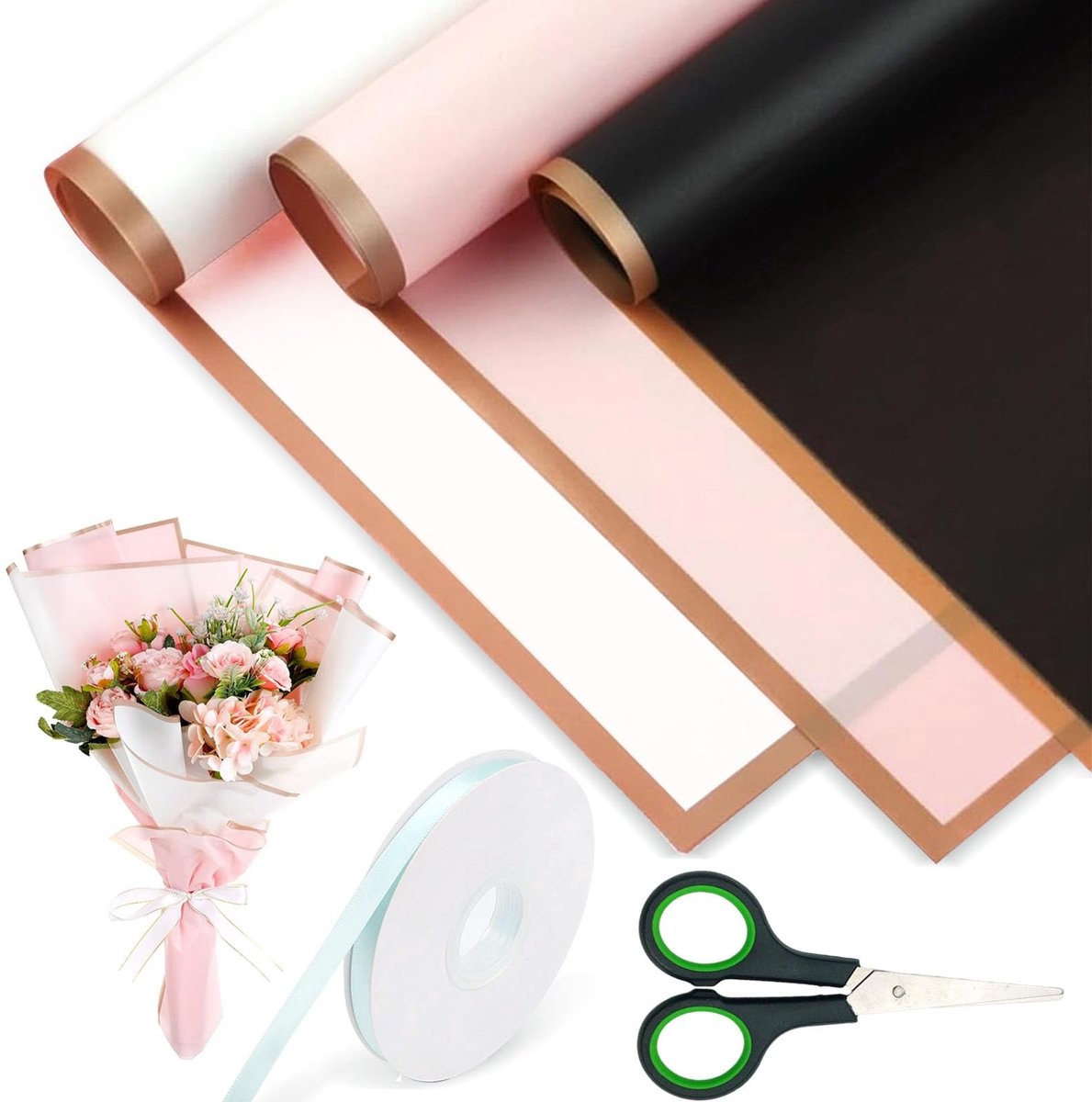 Elzusha - 30 Vellen Cadeaupapier voor Bloemen met Schaar en Ribbon
