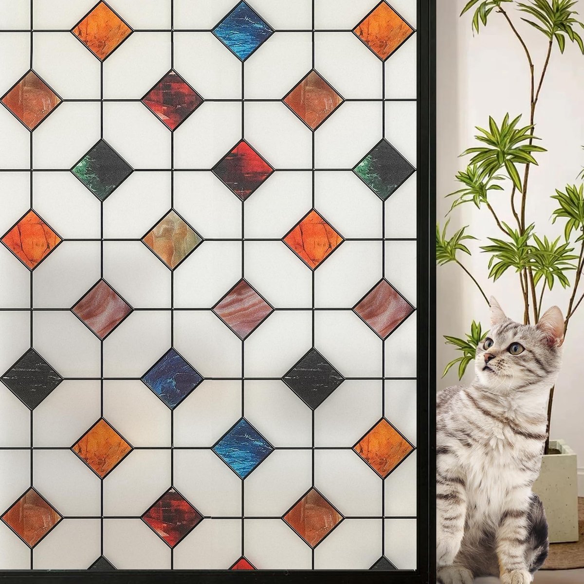 Elzusha - Opaque Privacy Film met Kleurrijk Diamantpatroon 90 x 200 cm