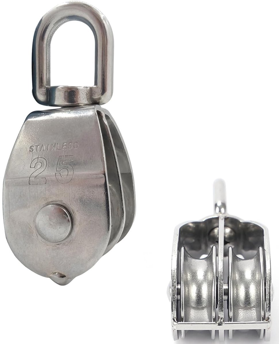 Dubbele Kabelrol van RVS voor Hiken, Kamperen en DIY - Compacte en Duurzame Pulley voor Touwgebruik M25 (Zilver)