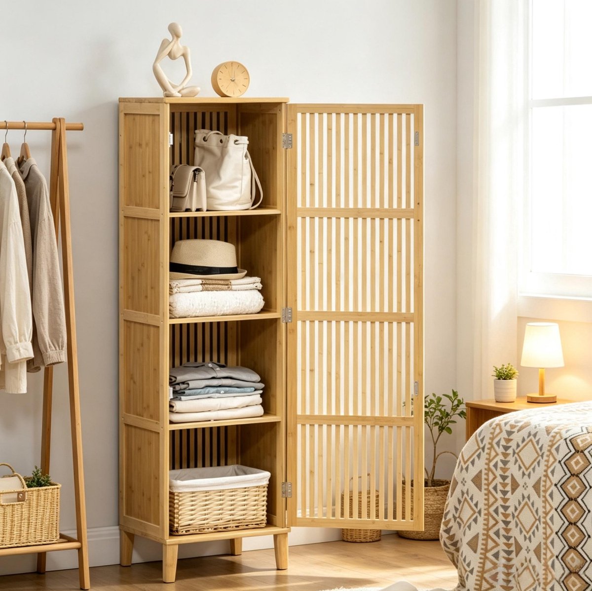 Hoge Kast - Smalle Bamboe Opbergkast Met Deur En Lamellen - Voor Woonkamer En Badkamer - Natuurlijk Bamboe - 40x30x140 Cm