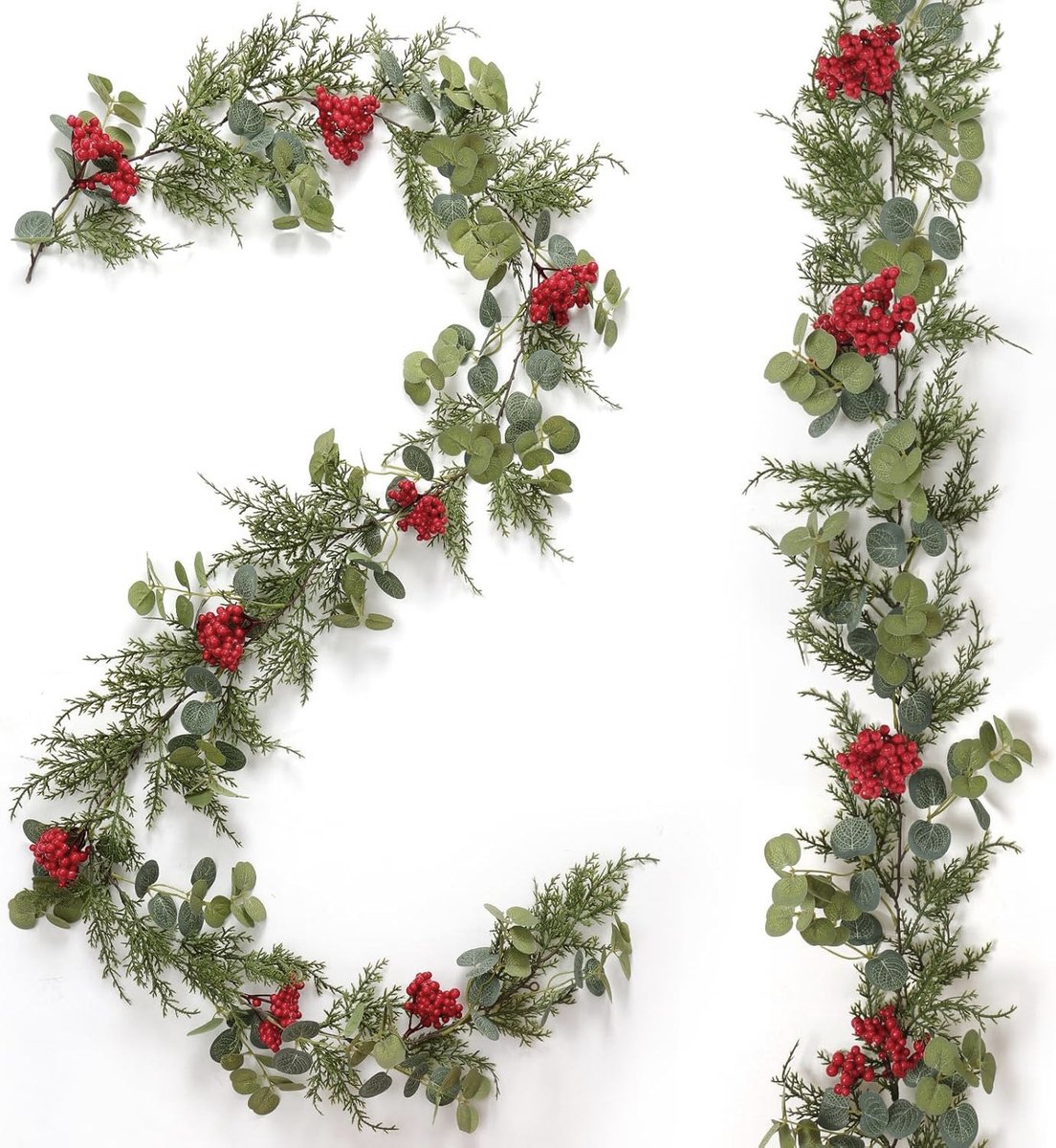 Kerstslinger 190 cm met Dennennaalden, Eucalyptus & Rode Bessen - Soepele Kerstguirlande voor Binnen & Buiten - Kerstdecoratie
