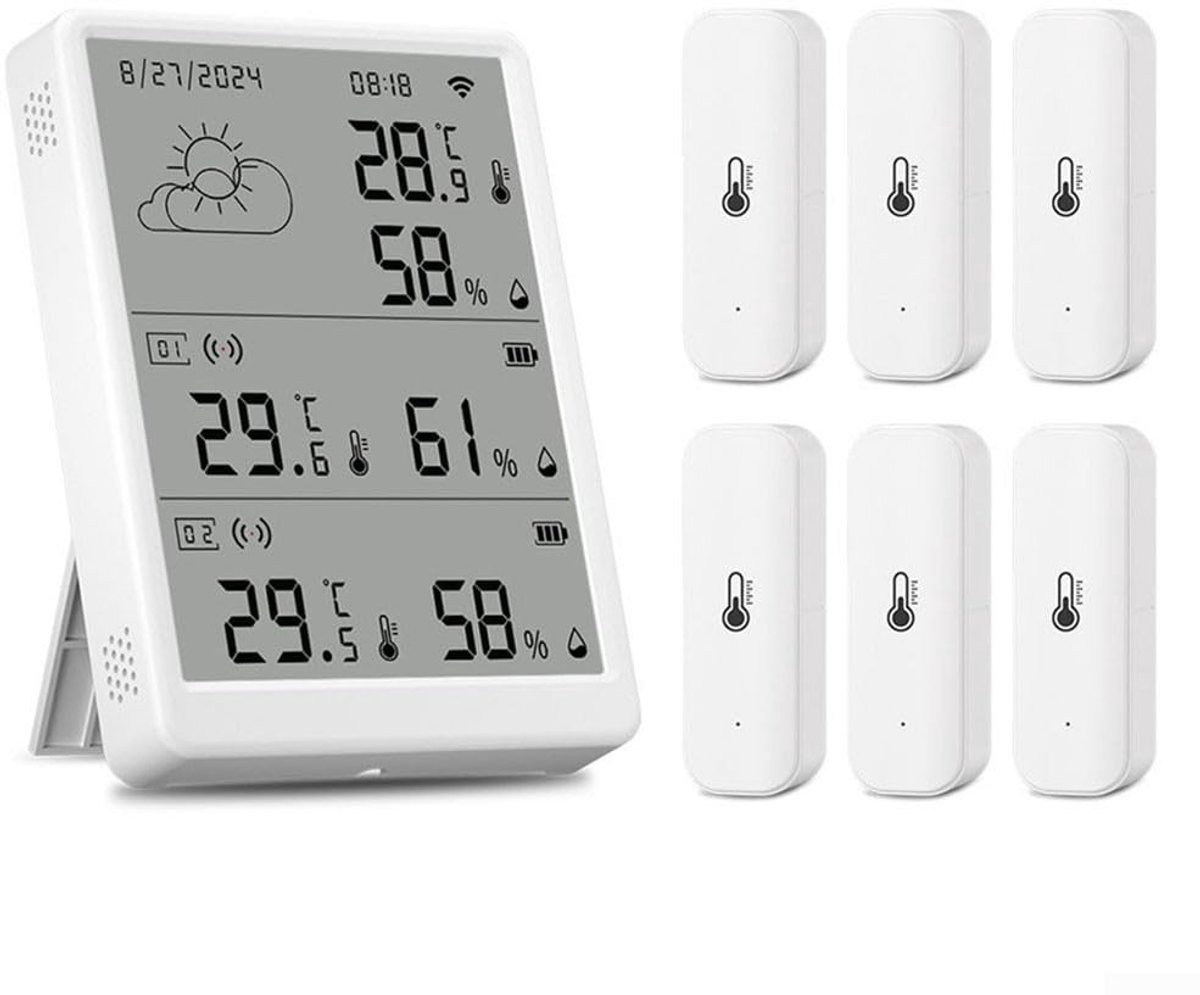 Slimme Wifi-hygrometer en thermometer voor nauwkeurige luchtvochtigheid en temperatuurmeting in huis en broeikas, inclusief app en 6 sensoren