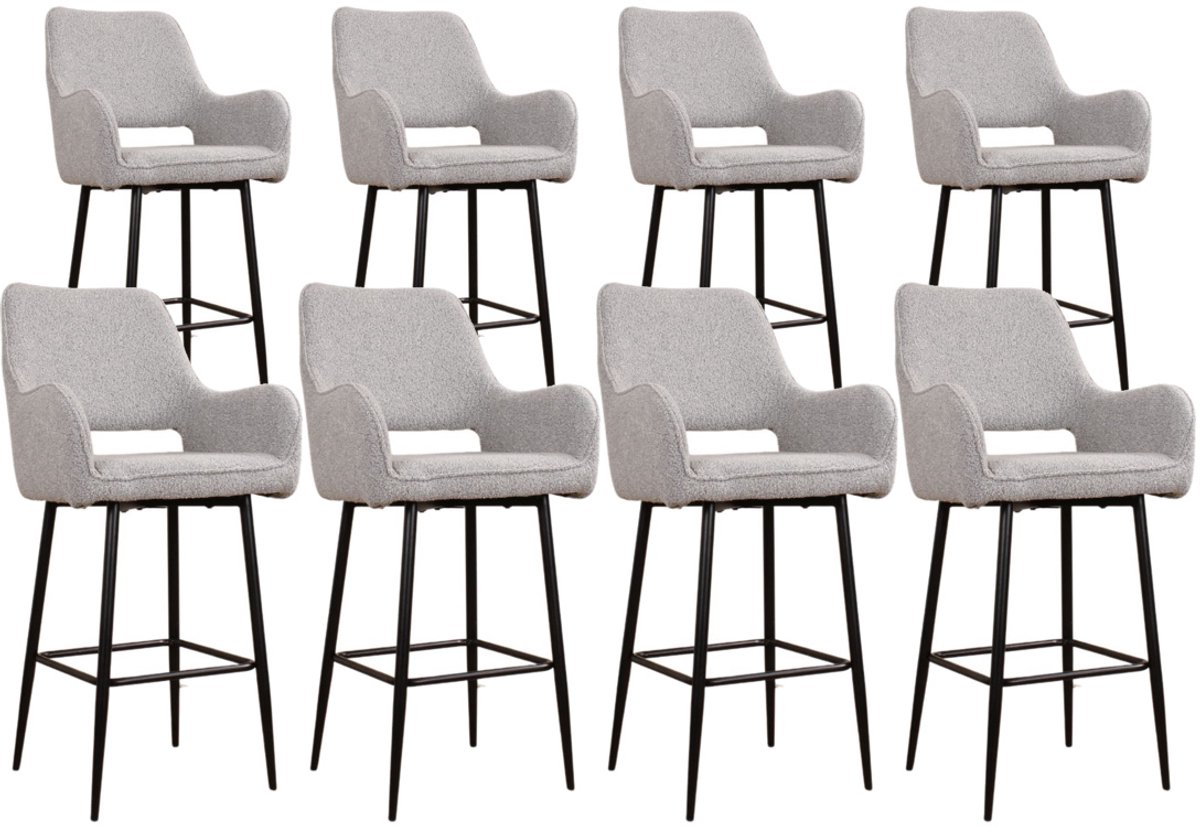 DS4U® - Lenon barkruk 65 cm - Set van 8 - Grijs - Boucle - Met armleuning