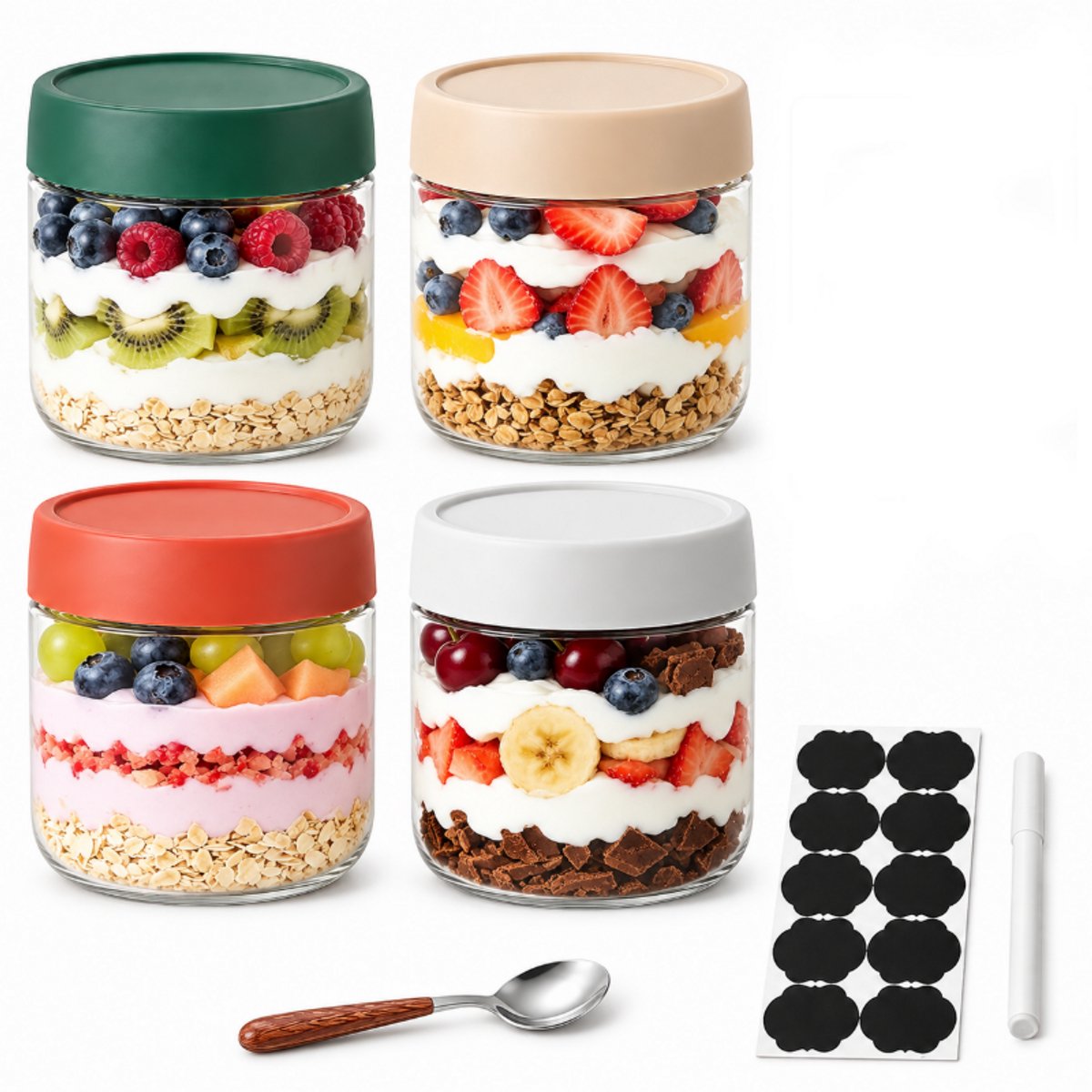 Havermoutbeker 4-Pack - Bewaarbakjes 300ml - Yoghurt Beker Met Lepel - Gla - Voor Ontbijt, Havermout, Yoghurt En Salade