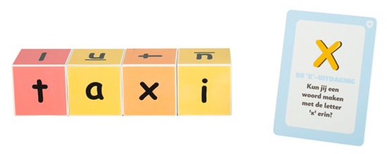 Vier gekleurde blokken die het woord 'taxi' vormen, met een kaart met de letter 'x' ernaast.